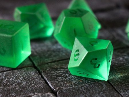 Hand Carved Raised Green Zircon Glass (And Box) Polyhedral Dice Set on Sale